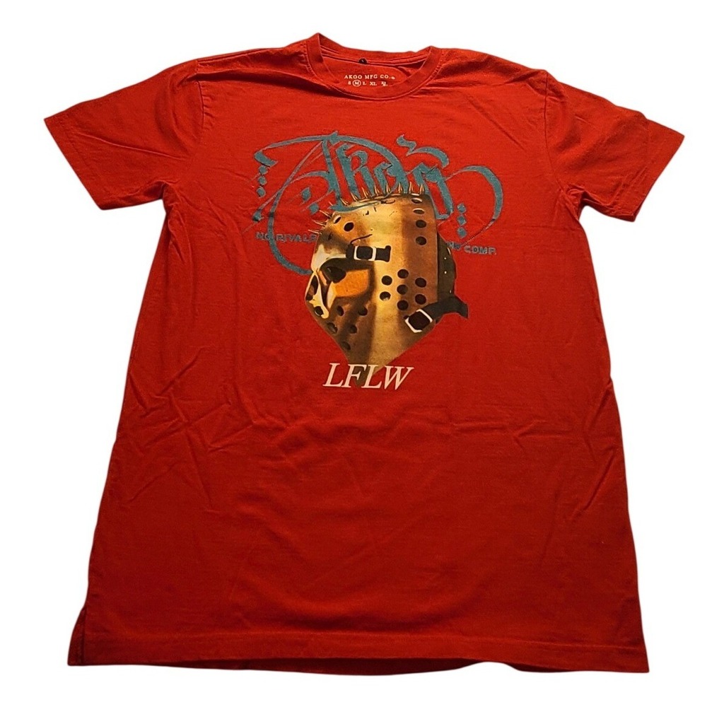 AKOO MFG CO Men's Medium Red Graphic T-Shirt Spiked Hockey Mask LFLW Cotton